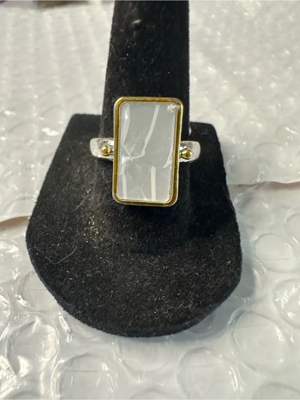 Silver and Gold Rectangular White Stone Ring size 8
